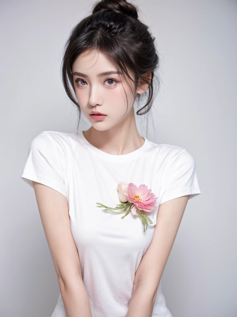masterpiece, best picture quality, Extreme details, ultra high resolution, ultra high definition, beautiful young man, shiny skin, thin, black hair, half bun, 1, big eyes, beautiful eyes, lipstick, Exquisite facial features, medium shot, bust, look at the viewer, t-shirt, single tone background, White background, soft light, Wearing flowers