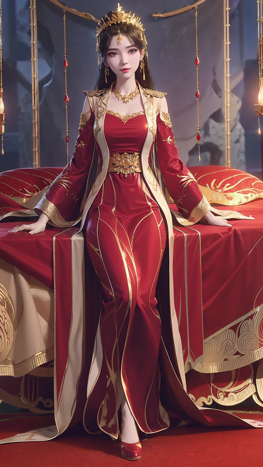 一个穿着红色衣裙的女孩躺在Starry Sky下的床上，Exquisite smile，Beautiful and delicate eyes，Beautiful and delicate lips，Extremely detailed face and eyes，Long eyelashes，Full body，Flowing hair，best quality，excellent work，Super，(Reality:1.4)，RAW photos，(Beautiful face:1.2)，(Lying in bed:1.5)，1 girl，(absurd)，(8K)， (4K)，Octane Rendering，Starry Sky，((Full body view))，Wearing red crystal high heels，Cross-legged