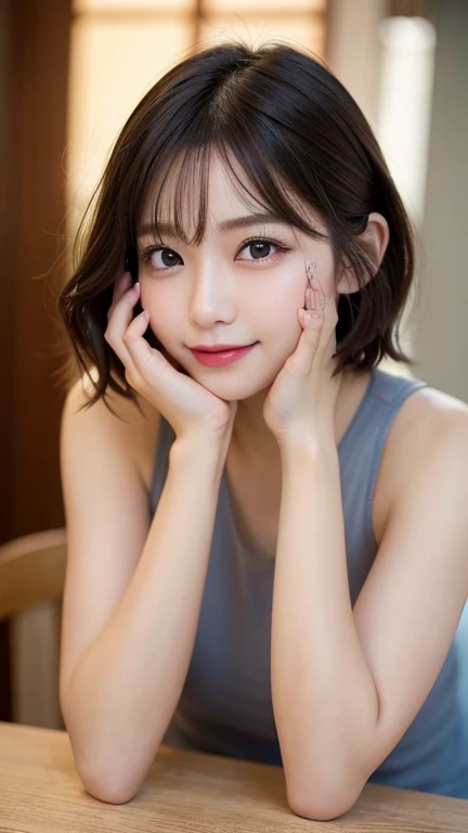 finely, High resolution, high quality、完璧なダイナミックな構shape, Beautiful and beautiful eyes, Medium Hair, Small breasts、Natural color lip,Kamimehibuya、20-year-old girl、1 person、Transparent muscle、Shiny Hair、Tabletop, 最high quality, shape, Very detailed, finely, High resolution, 8K、The correct state of the human body、Cute pose,short hair,Beautiful feet,Perfect beautiful face,KPOP idol faces,smile,、Use cool and dark colors、Use eye-catching accent colors。