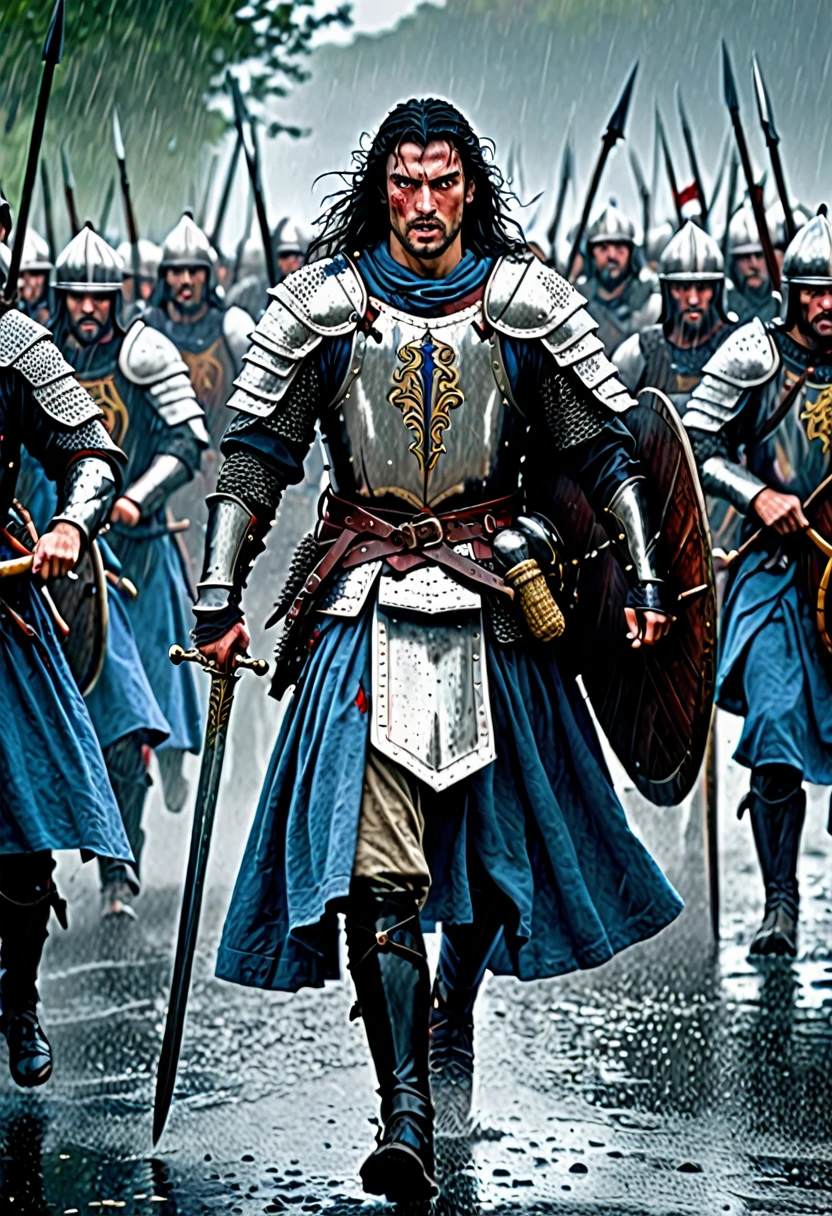 A medieval warrior with blue eyes and dark hair, leading an army towards battle. blood and gore, rainy atmosphere, thunder. wide shot, detailed.