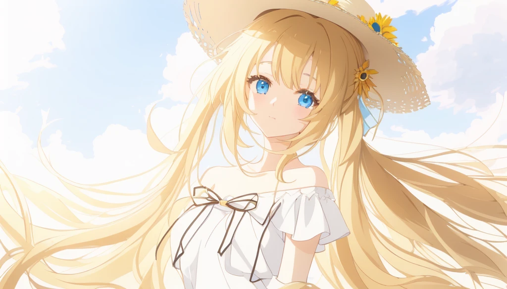 Anime girl with long golden ponytails and blue eyes, holding a straw hat in her hand and wearing a white off-shoulder dress, with a sunflower behind her, looking at the camera, Anime Goddess,  In the anime painter studio, Soft anime illustration, Anime Shadows), ta in a skirt, Anime art style, Anime Shadows, Digital Animation Art!!, Produced in collaboration with Anime Painter Studio, pixiv style