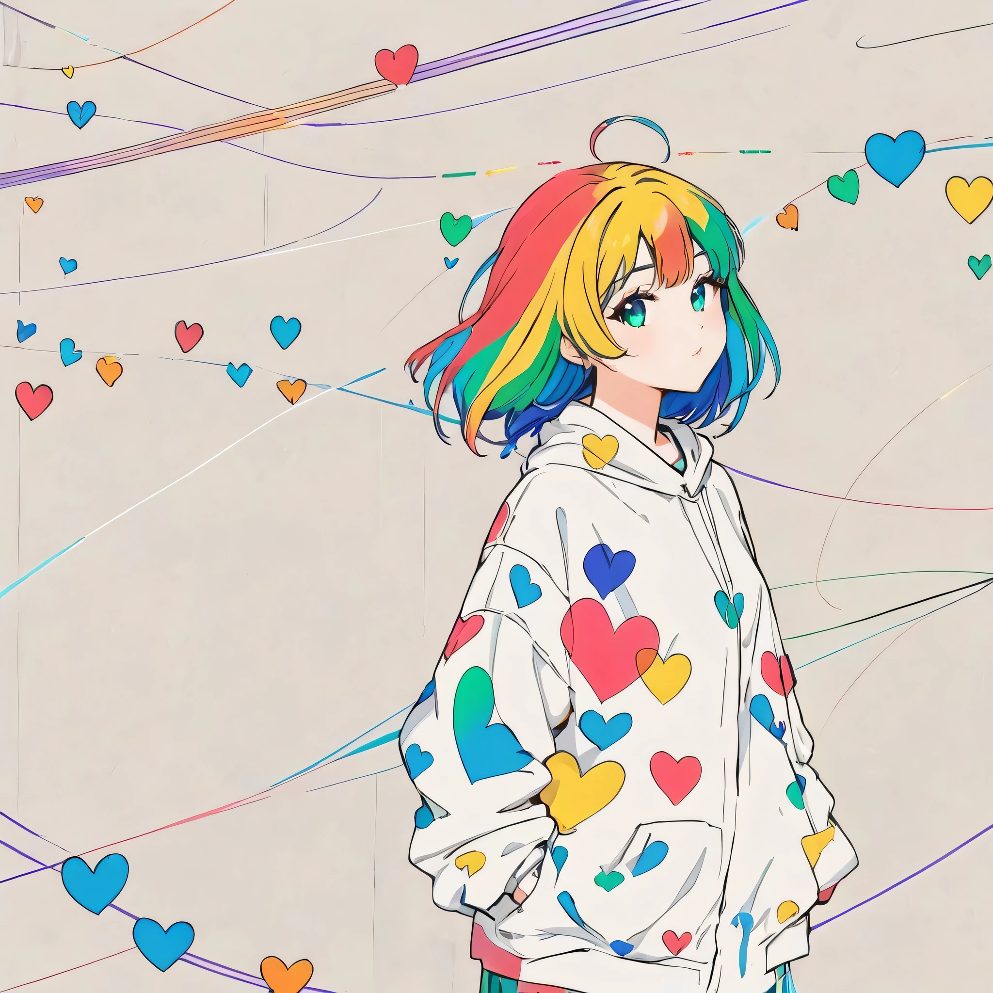 Mai Yoneyama style, Simple Line Initialism,Abstract art,Urban Background, colorful hearts ,(((The most beautiful girl of all time))),