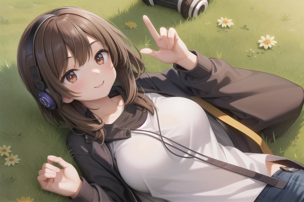 One girl, alone, 20-year-old, Brown eyes, Brown Hair, smile, Nice casual clothes, grassland, Lie on your back, Large breasts, headphone, masterpiece, Fine Fingers, 最high quality:1.4, high quality, detailed,