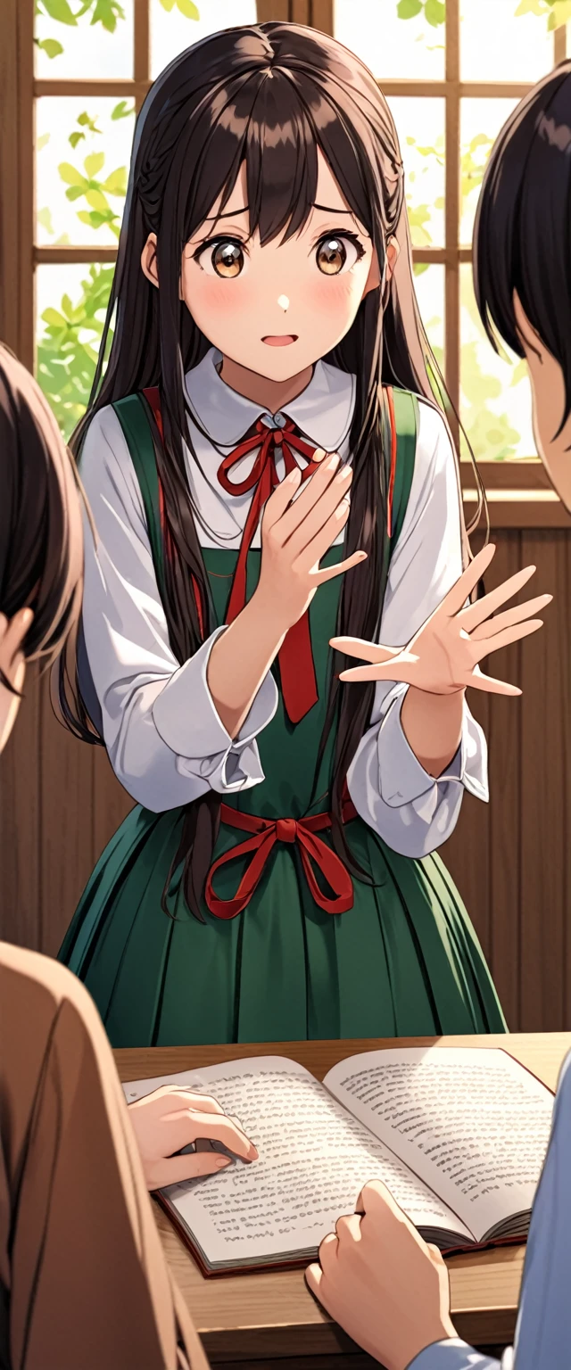 A girl explains the lesson with her hands