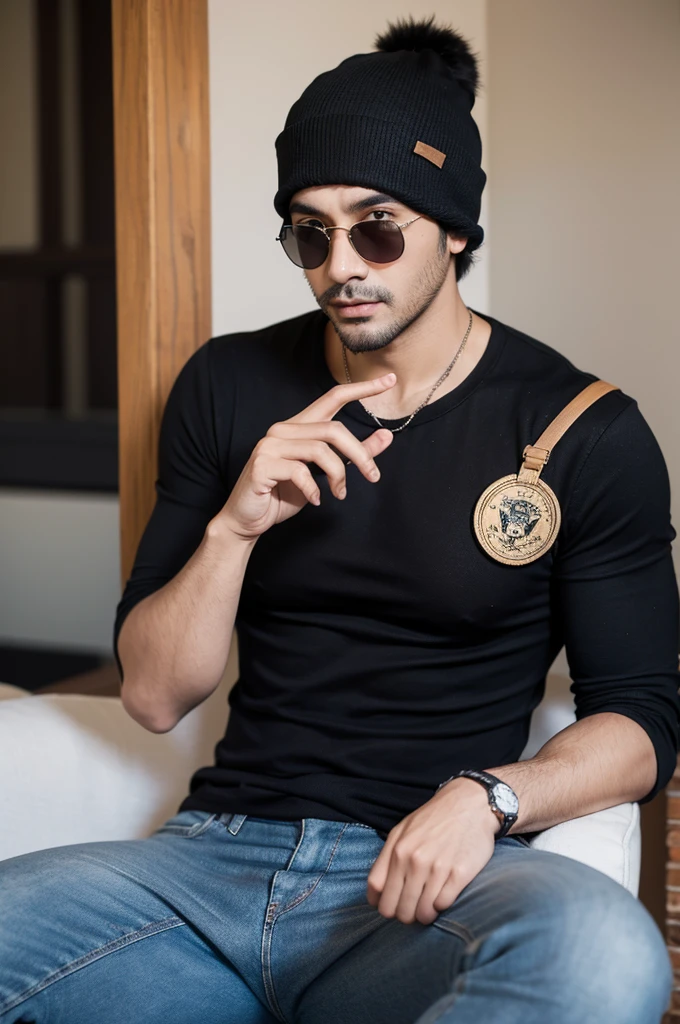Latin American man in his 30s with sunglasses, beanie hat, black tee, jeans