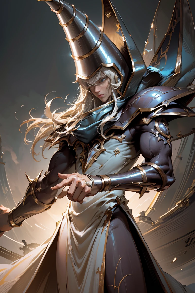 only, super fine photo, Unreal Engine 5 8K UHD digital artistic portrait of a man, conceptual art, character concept design, wearing a tight, bright white dress with metallic details, golden crown, blue eyes, dark wizard, metal glove, long blonde hair, The best quality, Masterpiece, super detailed, sharp focus, 