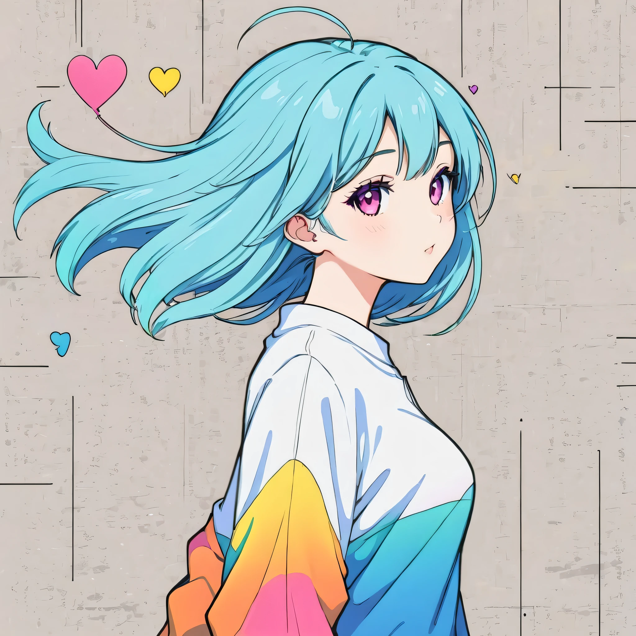 Mai Yoneyama style, Simple Line Initialism，Abstract art，Urban Background, colorful hearts ,(((The most beautiful girl of all time))),