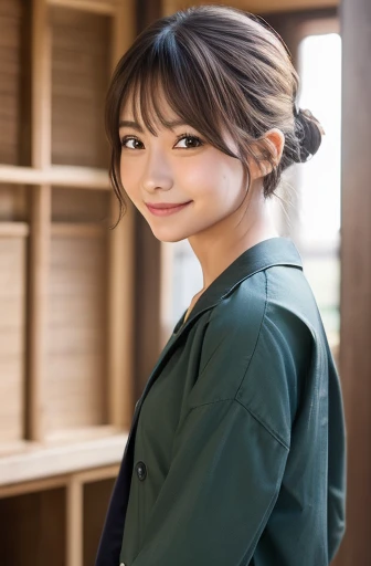 masterpiece:1.3), (8K, Realistic, RAW Photos, Best image quality: 1.4), Japanese schoolgirl、(Random Hairstyles:1.2)、Highly detailed face、Attention to detail、double eyelid、Chest to chest、Sharp focus:1.2、Beautiful woman:1.4、Light brown hair、Highest quality、masterpiece、Ultra-high resolution、(Realistic:1.4)、に詳細でプロフェッショナルに照らされたsmile、Loose、Summer clothes、thin、smile、Short-haired、Deadly position、Hair Bun、whole body