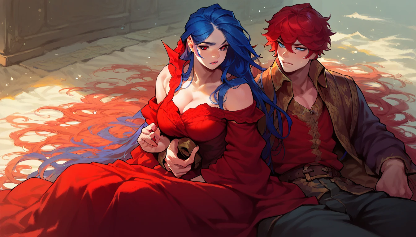 (masterpiece, (tabaxi:1.2), female, red hair, long hair, curvy haircut, red eyes, female clothes, red dress) (masterpiece, 1boy, blue hair, blue eyes, male clothes)