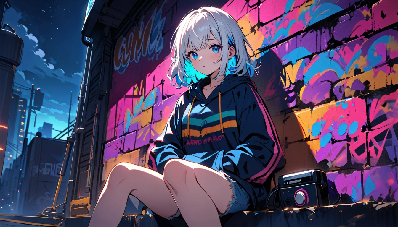HD 8K Handsome cute, Solitary, 1 female, Medium Length Hair, white hair, Rainbow hair, blue Eyes, Rainbow headphone, hoodie, colored hoodie, denim shorts, Human focus, outdoor, in the night, White clouds, graffiti spray art wall, radio cassette player, sitting,