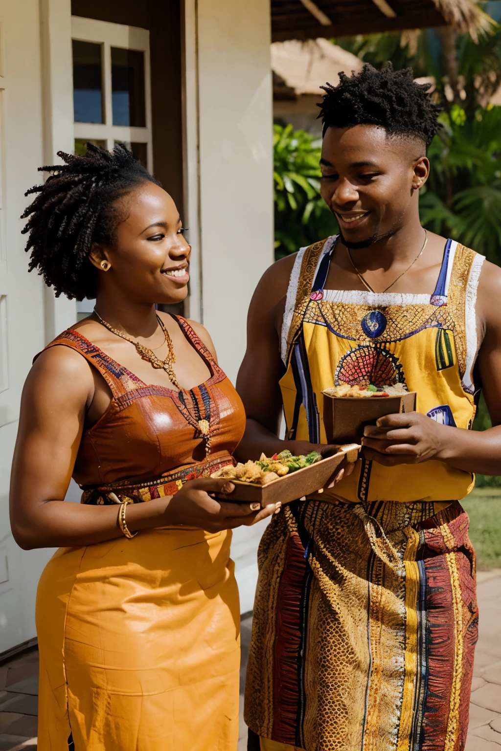 Envision a moment of cultural exchange as an Afro-American chef shares a package of authentic African cuisine with a proud African delivery recipient. The exchange is not just about food but also about sharing stories, traditions, and a mutual appreciation for culinary artistry.