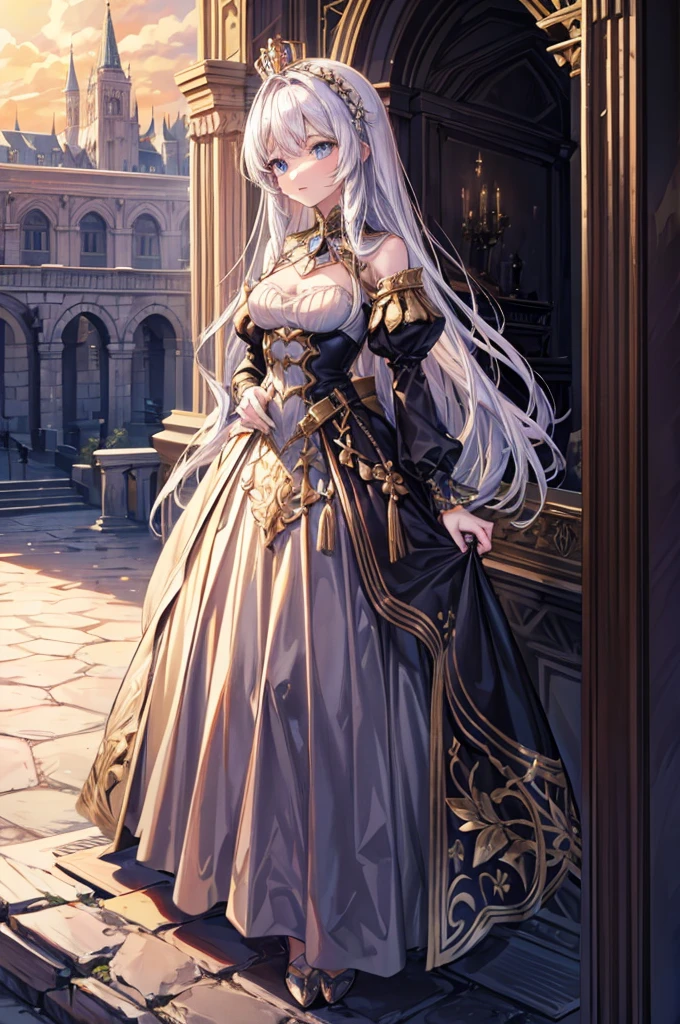 masterpiece, highres, high detailed, intricate details, depth of field, 1 girl, queen, royal crown, Coronation Gown, queen dress, Evening Gown, outdoor background. The background is a luxurious castle, mildly clouds, best sunlight. There are 2 long flower beds besides the path, queen is standing on the path. Her face is gorgeous, beautiful, confident. She wears a lot of luxury jelweries. She has blue eyes, white long hair. Behind her is the castle.