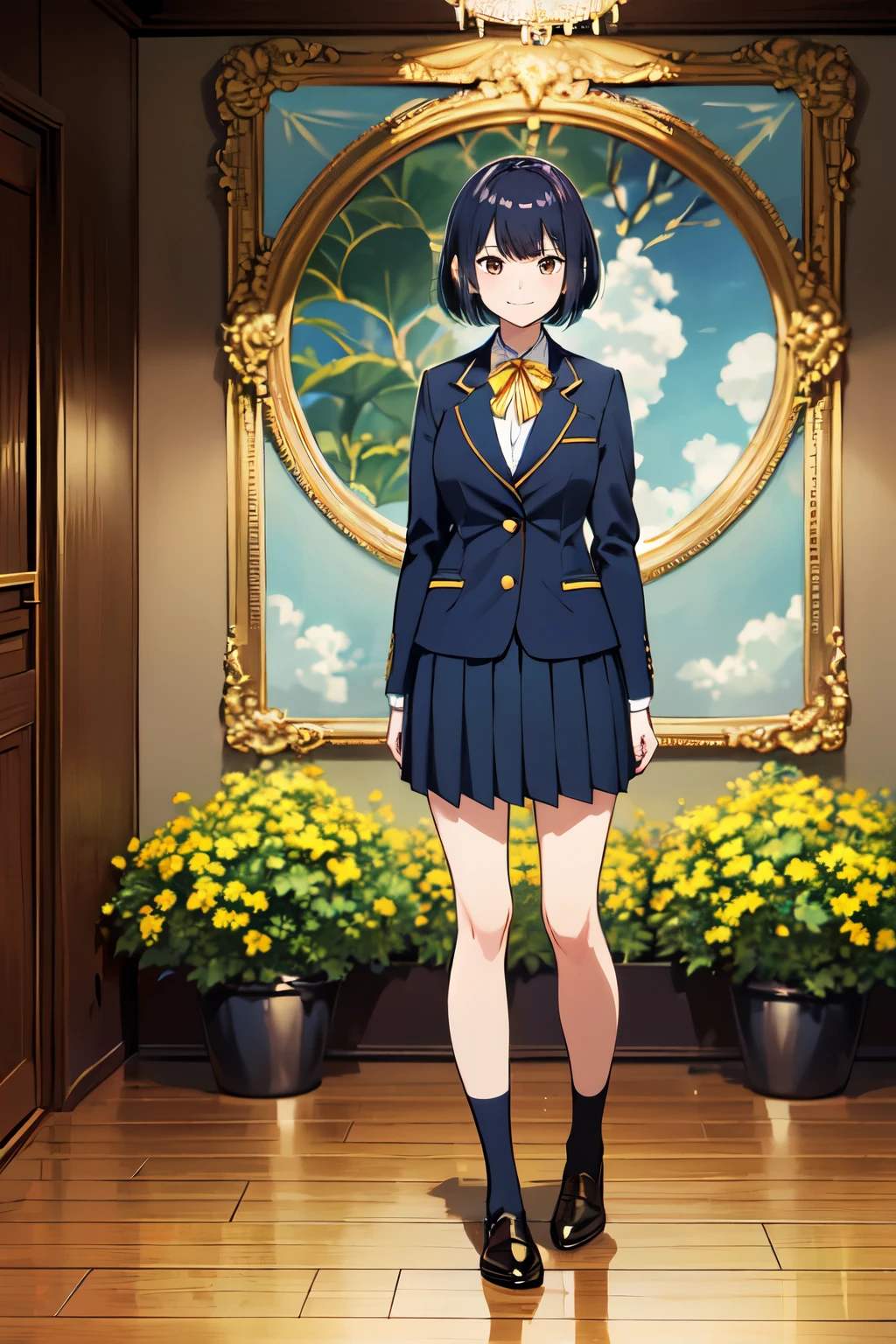 masterpiece, 32k, extremely detailed, finely detail, intricate details,
BREAK
(absurdres:1.1, highres:1.1, ultra detailed:1.1),
insanely detailed, absurdres,
(high resolution:1.1, ray tracing:1.1, refraction:1.1)
(1girl, 独奏:1.3),
BREAK
perfect symmetrical face, smile, high school student, High School Uniform, Navy blue single blazer, Yellow ribbon, Bob Hair, 黒髪
BREAK,
(((full body))),
BREAK