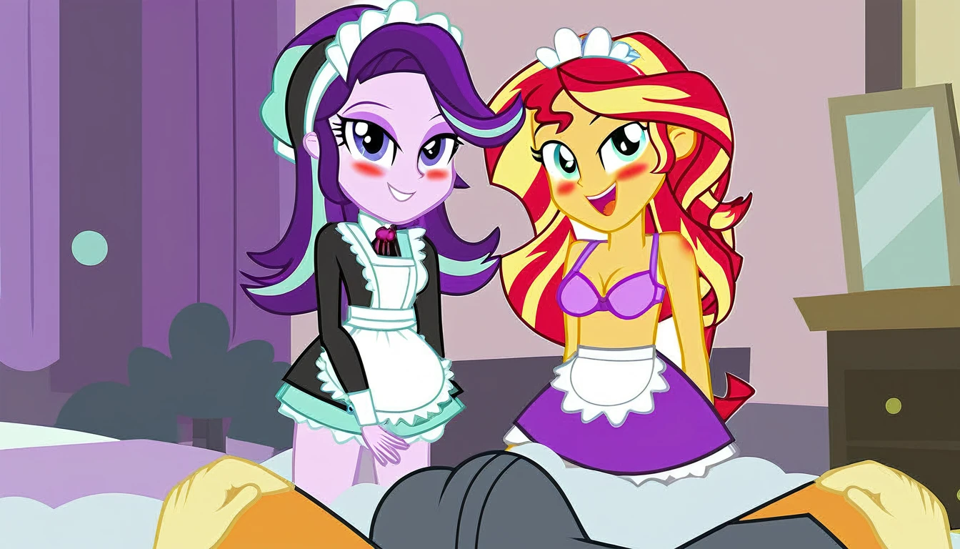 questionable, big penis, nipples, smiling, starlight glimmer, sunset shimmer, equestria girls, bedroom eyes, blushing, bra, bunset shimmer, duo focus, maid, erect_nipples, erection, female, glimmer glutes, indoors, looking at you, male, male pov, offscreen character, offscreen male, open mouth, open smile, panties, huge bulge in pants, male pov, smiling, thighs, underwear, vector