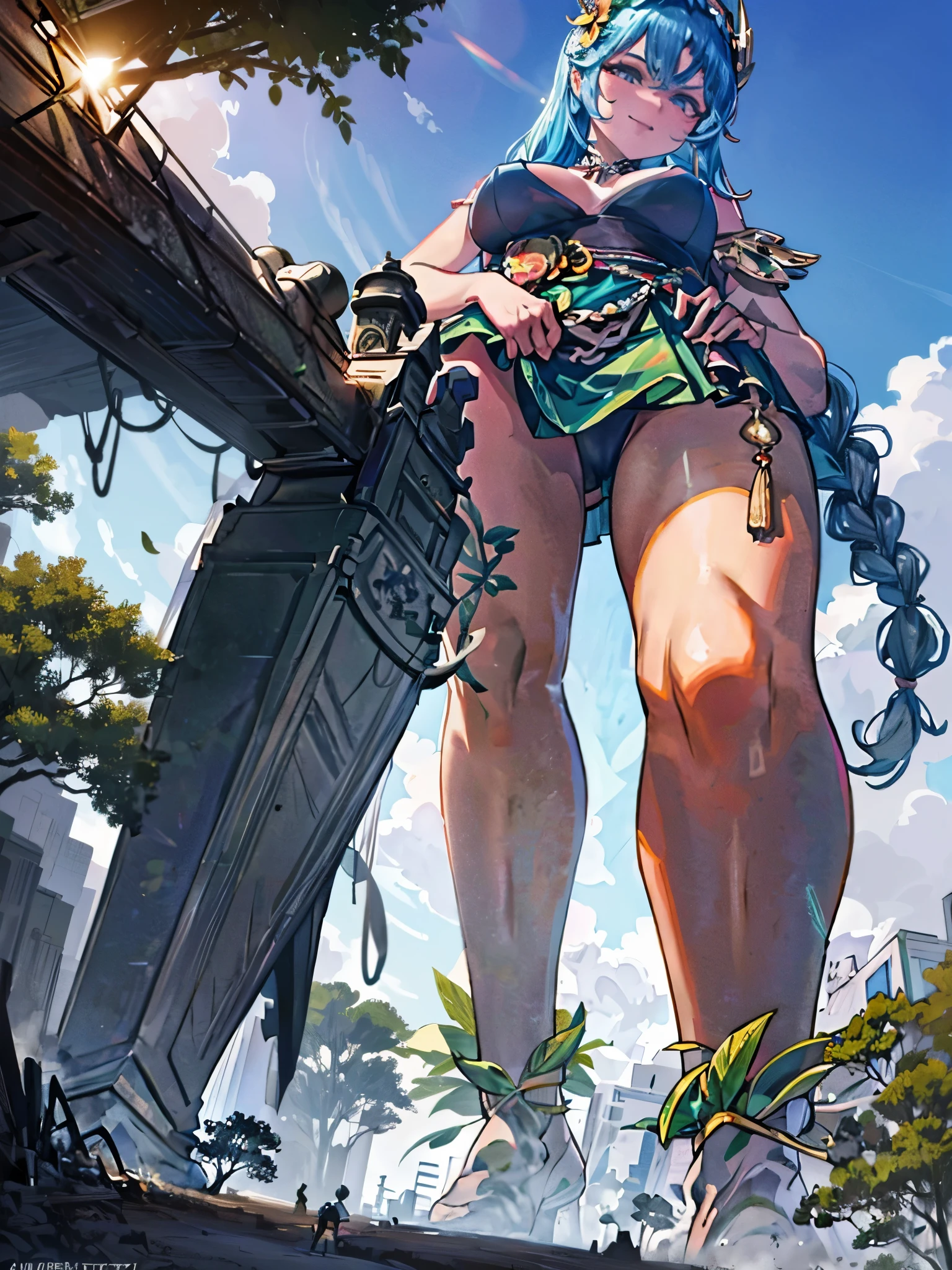 Zara, a gigantic 62-meter Amazon queen, emerges from the dense jungle at dawn, her tanned skin glowing in the light of the rising sun. Her long, braided hair, adorned with exotic flowers, falls over her shoulders and back. Standing in a clearing surrounded by trees, her posture is majestic and seductive, one leg up on a rock, one hand on her hip, the other holding an ornate spear. His eyes, full of determination and desire, gaze at the tiny humans at his feet, fascinated by his imposing figure. Her lips curl into a confident smile, and her muscular, perfectly sculpted body radiates an aura of eroticism and primal power, enveloping all present in a spell of submission and utter admiration.