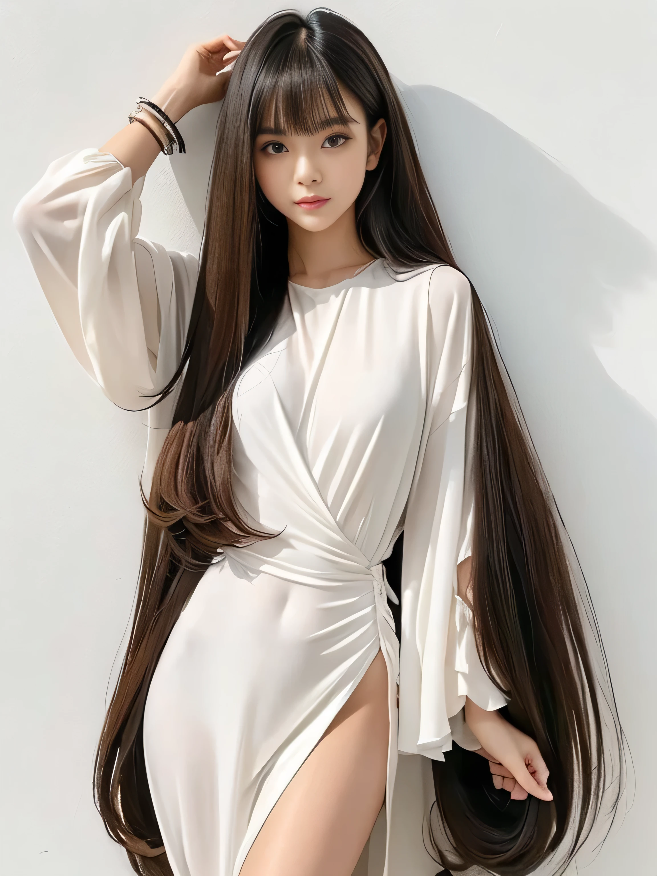 (Chest-up shot:1.1)　(She is standing in front of a white wall and in a sway back stance, Expose as much hair as possible.:1.4)　((He holds her large breasts from underneath with both hands.))　　((Highest quality)), ((masterpiece)), (family friendly), (Get used to it)　((Her hair is very straight!!!!!))　((Her hair is very curly:1.4))　((Her hairstyle is random))　(Her hair is pitch black!!!)　((Her bangs are neatly trimmed and straight down.:1.3))　(Very long hair Up to the ankle!!!!!　Highest quality　Attention to detail　Very long hair Up to the ankle!!!!!　Very long hair!!!!! It lasts forever!!!!!　Flowing Hair　Very shiny and thick hair　Abnormally long hair!!!!! It lasts forever!!!!!　Flowing Hair on both ends!!!!!　Very long hair!!!!! Up to the ankle!!!!!　Very long hair!!!!! Up to the ankle!!!!!　　Thick and shiny hair　Very free hair　Abnormally long hair!!!!!　Beautiful silky hair　Beautiful and shiny hair　Beautiful and shiny hair　Beautiful silky hair　Very long hair Up to the ankle!!!!!　Very long hair!!!!!　Very long hair!!!!!)　(Japanese Solo Photos&#39;The most beautiful 24-year-old hair models:1.5)　Perfect Woman&#39;face　(She has a typical Japanese build and skin color..., Her skin is very high quality and ultra high definition.、very beautiful and glowing skin)　(Her face is dignified and sexy)（She applied sexy makeup with the help of a professional makeup artist.....　Lipstick is bright red　The eyeliner is a beautiful black)　(She has a typical Japanese build and skin color　Her skin is very delicate and sensitive..、and、Such beautiful and radiant skin)　((Her face shape is thinner than average:1.4))　((Her eyes are larger than average:1.4))　((Her eyes are larger than average:1.4))　((Rich 1.4))　(Extremely detailed 8K)　(Ultra-fine skin texture 1.4)　(current, Vibrant:1.4), 　Sharp focus:1.2、Beautiful woman:1.4　Dynamic Lighting　(Genuine RAW photos taken by professional photographers)　very beautiful and glowing skin)　(Surreal photos by professional photographers :1.2)　(Very long hair Up to the ankle!!!!!　Highest quality　Attention to detail　Very long hair Up to the ankle!!!!!　Very long hair!!!!! It lasts forever!!!!!　Flowing Hair　Very shiny and thick hair　Abnormally long hair!!!!! It lasts forever!!!!!　Flowing Hair on both ends!!!!!　Very long hair!!!!! Up to the ankle!!!!!　Very long hair!!!!! Up to the ankle!!!!!　　Thick and shiny hair　Very free hair　Abnormally long hair!!!!!　Beautiful silky hair　Beautiful and shiny hair　Beautiful and shiny hair　Beautiful silky hair　Very long hair Up to the ankle!!!!!　Very long hair!!!!!　Very long hair!!!!!)　