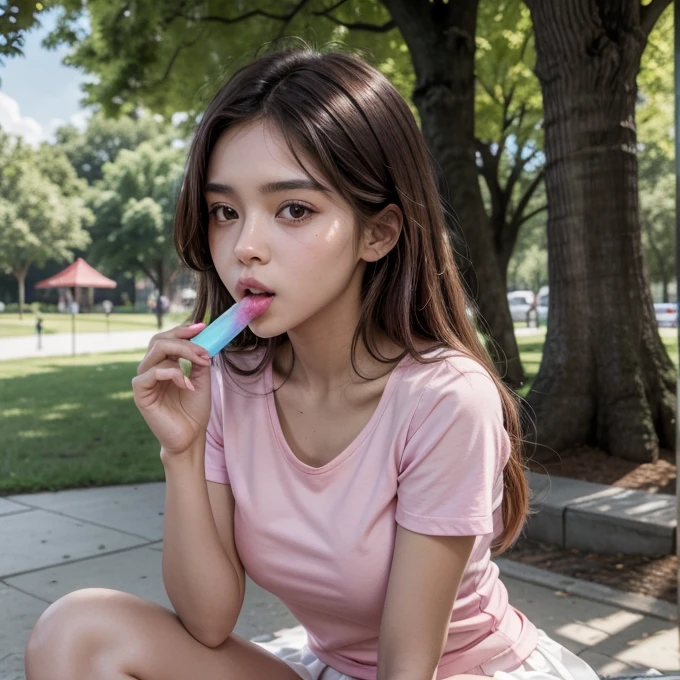 brown skin girl, brown hair and black eyes, eating an ice pop in a tight pink t-shirt that shows her breasts and a white skirt in a park