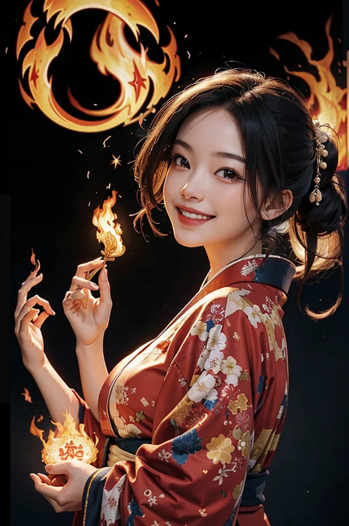 A beautiful smiling woman in a kimono dancing with fire in her hands, manipulating the flames with a magic circle and a blazing flame in the background
