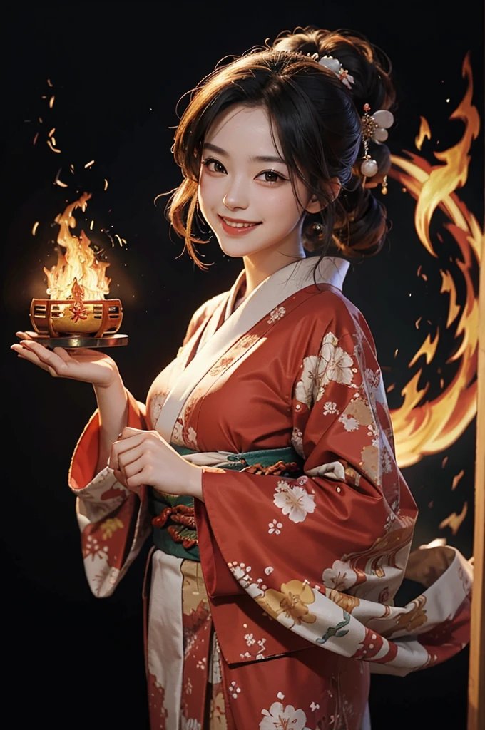A beautiful smiling woman in a kimono dancing with fire in her hands, manipulating the flames with a magic circle and a blazing flame in the background