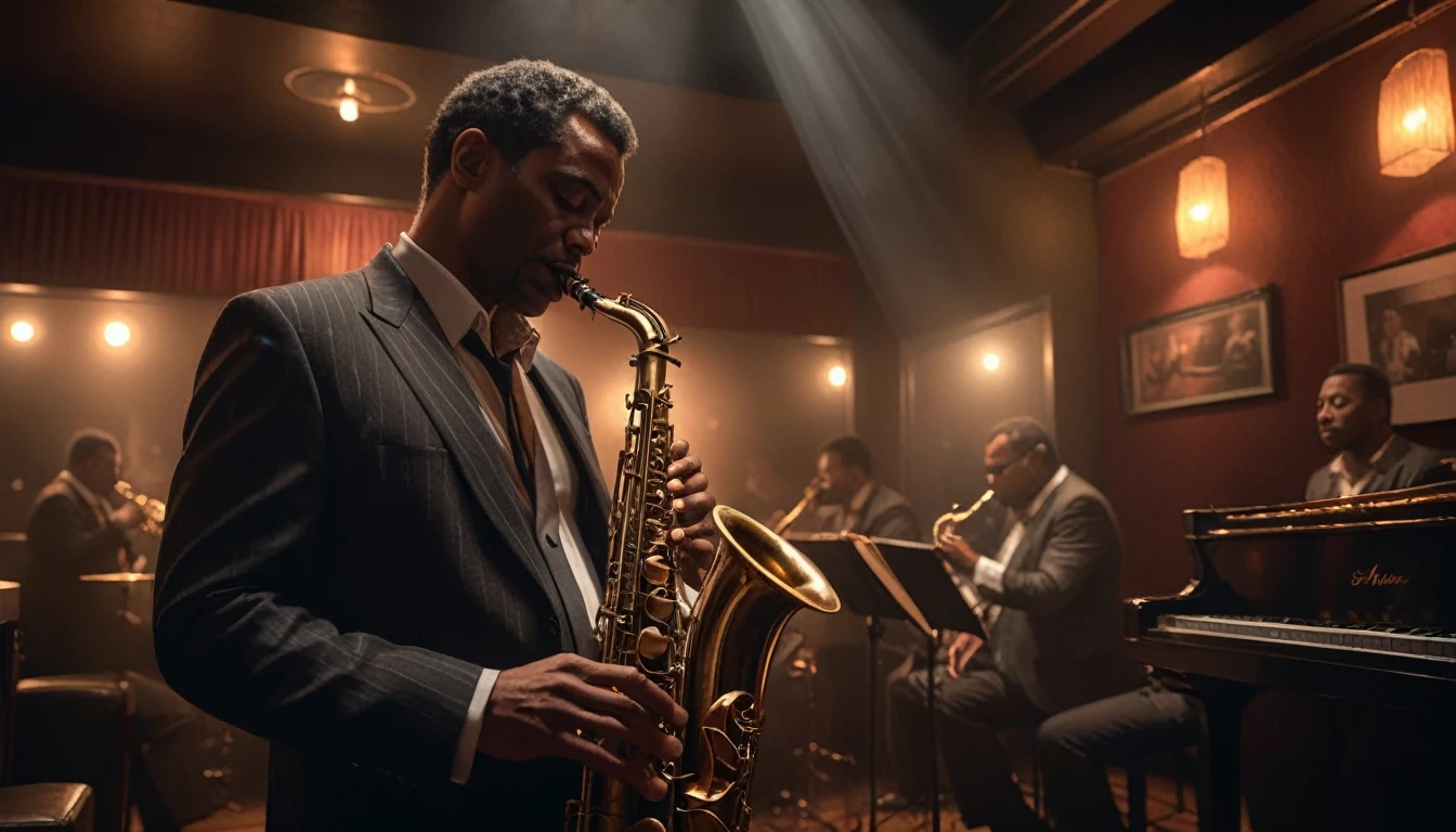 a moody scene at a intimate jazzclub, dark and smokey, a sole saxophonist is playing the gig of a lifetime, insane intricate detail, award winning art, raytracing, sharp focus, 8k, hdr, masterpiece, professional, highly detailed, perfect hands
