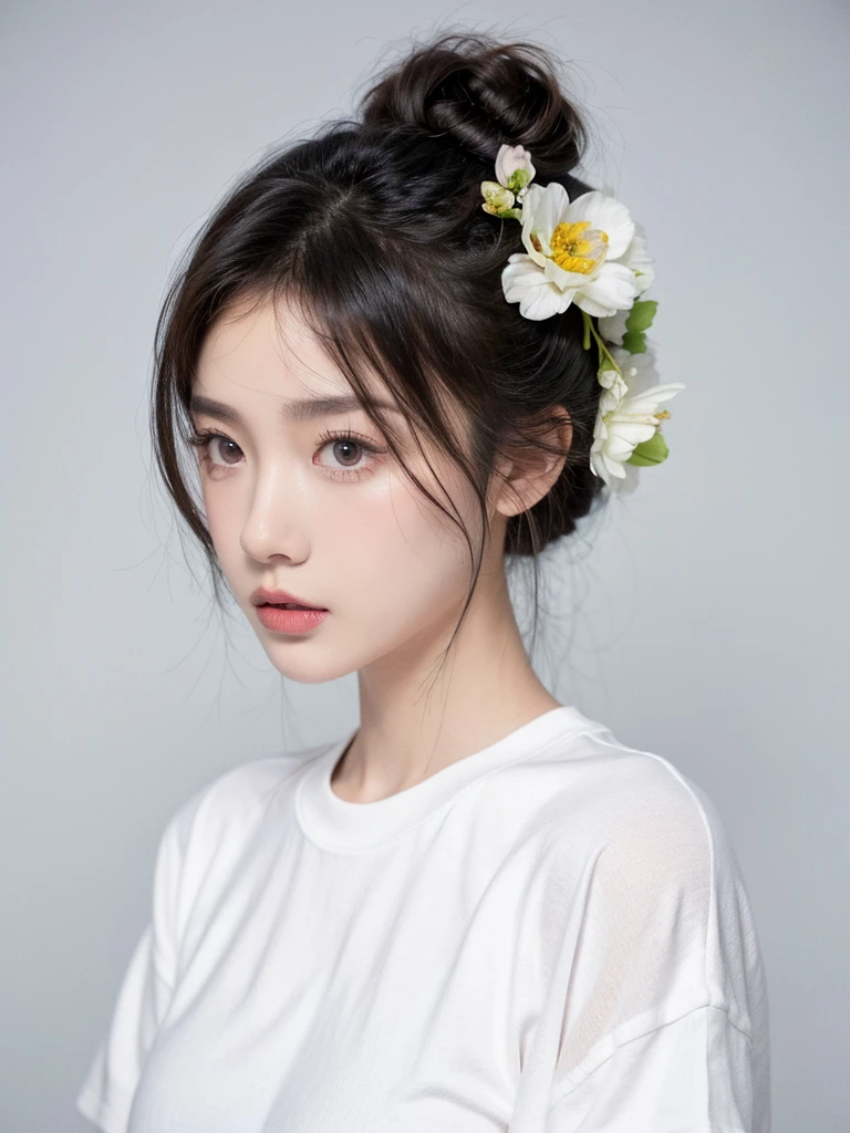 masterpiece,Best picture quality,Extreme details,Ultra-high resolution,Ultra-high definition,Beautiful young people,Glowing skin,thin,Black Hair,Half bun,1,big eyes,beautiful eyes,Lipstick,Exquisite facial features,Medium shot,Looking at the viewer, t-shirt,Single tone background,White background,Soft light,Wear flowers on your head