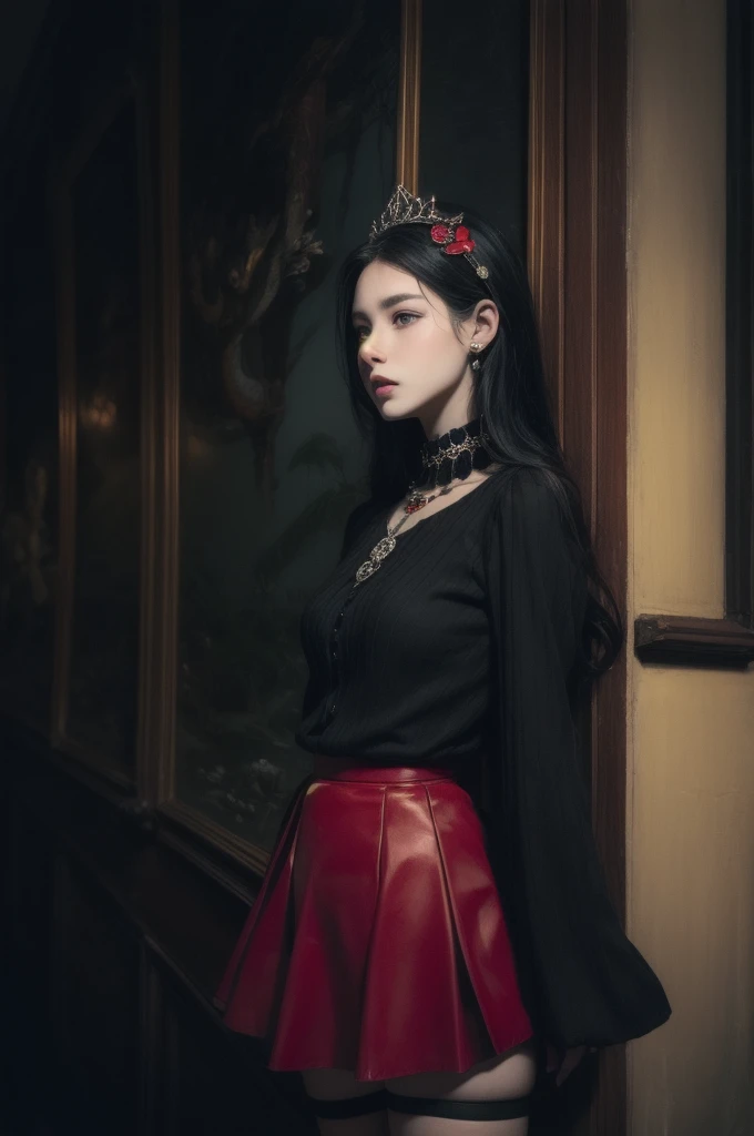 Expressionless,,(Dark fantasy),((Great illustrations)),(Detail Splash), Long black hair, Red pupils, girl, Pure black dress, Collar only, The sleeves and skirt are dark red, A red butterfly barrette is attached to the side of her ear., masterpiece, 最high quality, high quality, Headpiece,, red and black crystal necklace, Black knee socks