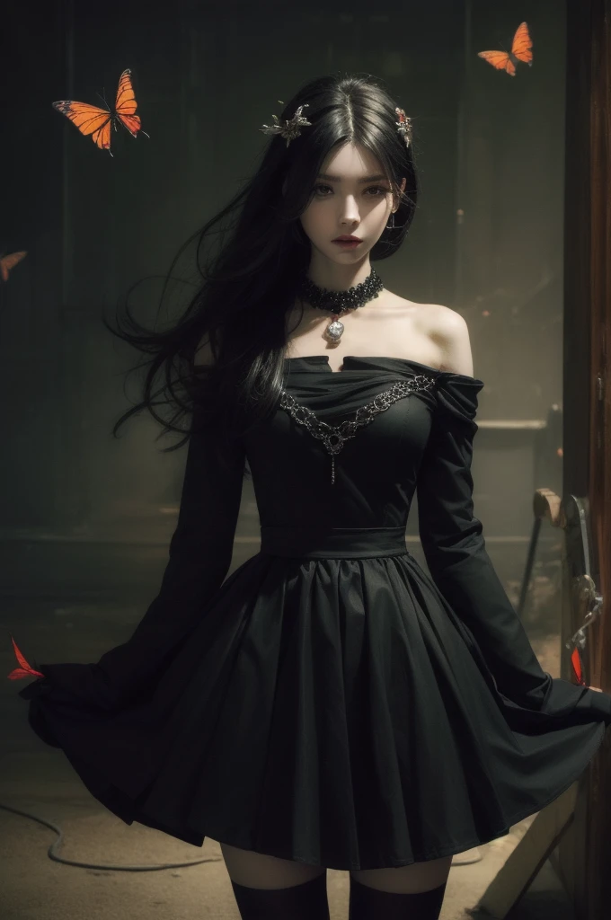 Expressionless,,(Dark fantasy),((Great illustrations)),(Detail Splash), Long black hair, Red pupils, girl, Pure black dress, Collar only, The sleeves and skirt are dark red, A red butterfly barrette is attached to the side of her ear., masterpiece, 最high quality, high quality, Headpiece,, red and black crystal necklace, Black knee socks