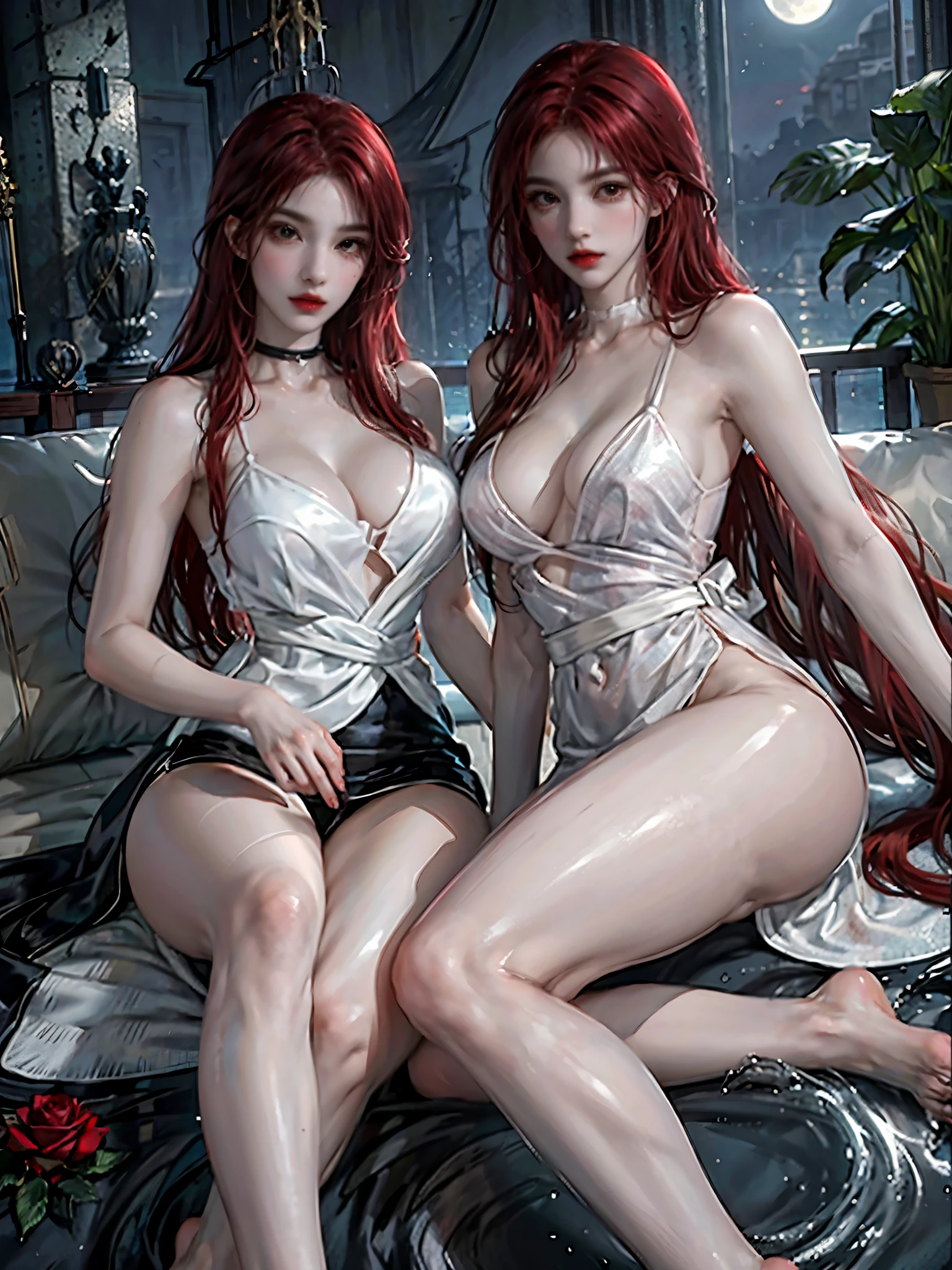 Soles of feet,Soles,Toes,Looking up,Lying down,2Women,Feet,Toes,Red Hair,Sexy,naked jersey, Holding a long sword,Side Breast, Sexy的大腿,Hold a brush in hand,Delicate face, Dark eyes, A faint smile, Become a, Big breasts, Moonlit sky,Night sky background,Sea,Waves,Rose