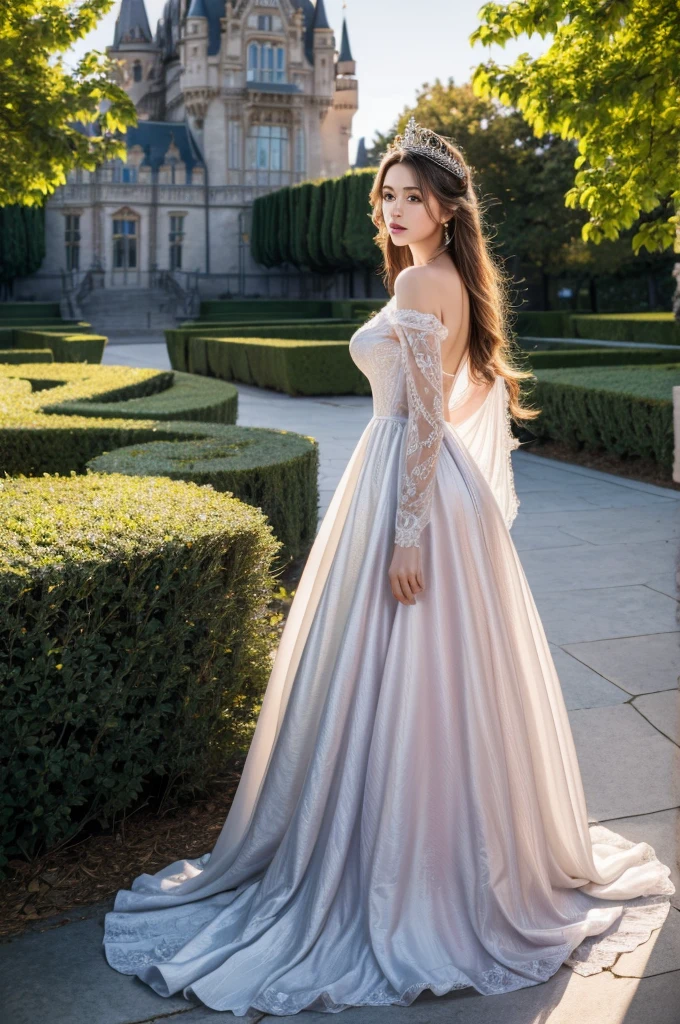 masterpiece, highres, high detailed,  intricate details, depth of field, 1 girl, queen, royal crown, Coronation Gown, queen dress, Evening Gown, outdoor background. The background is a luxurious castle, mildly clouds, best sunlight. There are 2 long flower beds besides the path, queen is standing on the path. Her face is gorgeous, beautiful, confident. She wears a lot of luxury jelweries. She has blue eyes, white long hair. Behind her is the castle.