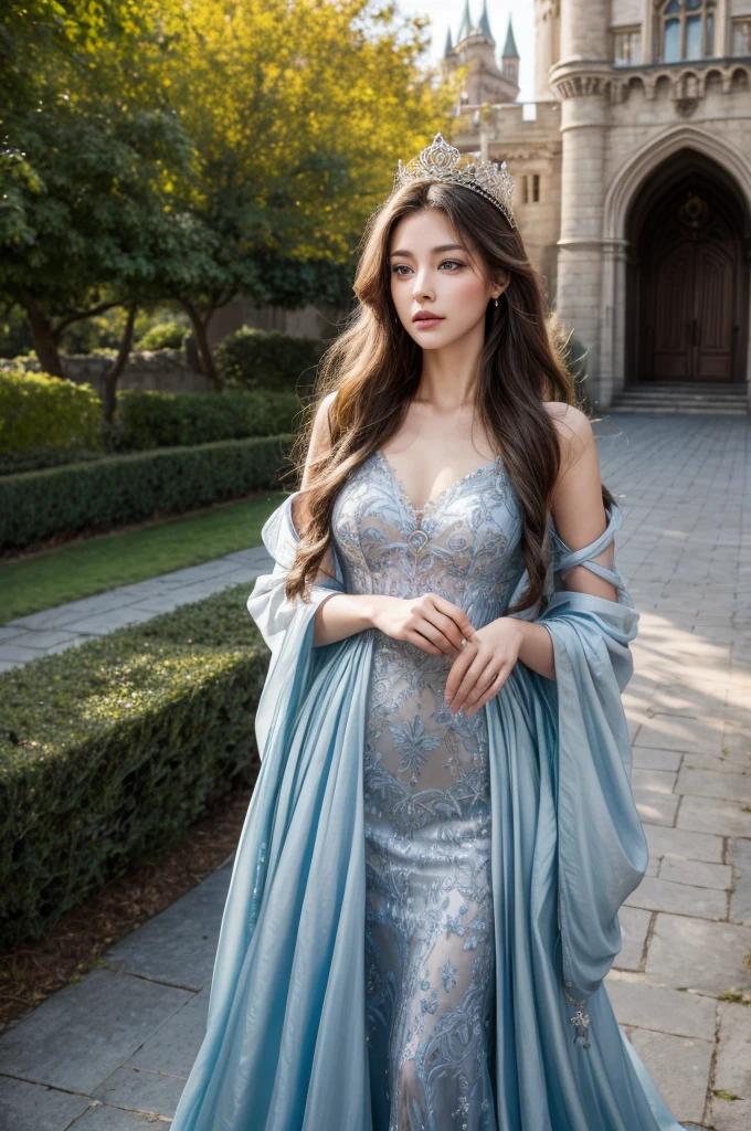 masterpiece, highres, high detailed,  intricate details, depth of field, 1 girl, queen, royal crown, Coronation Gown, queen dress, Evening Gown, outdoor background. The background is a luxurious castle, mildly clouds, best sunlight. There are 2 long flower beds besides the path, queen is standing on the path. Her face is gorgeous, beautiful, confident. She wears a lot of luxury jelweries. She has blue eyes, white long hair. Behind her is the castle.