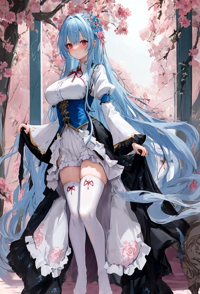 Light blue hair, very long hair, red eyes, ???????????, solo, blush, adult chiffon dress, blue floral pattern stockings, stripped sleeves, wide sleeves, standing pose (View below)