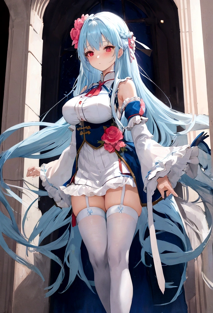 Light blue hair, very long hair, red eyes, big breasts, solo, blush, adult chiffon dress, blue floral pattern stockings, stripped sleeves, wide sleeves, standing pose (View below)