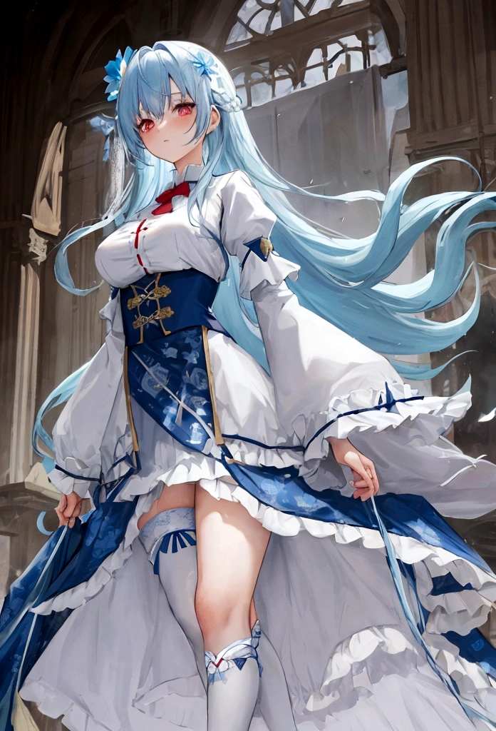 Light blue hair, very long hair, red eyes, big breasts, solo, blush, adult chiffon dress, blue floral pattern stockings, stripped sleeves, wide sleeves, standing pose (View below)