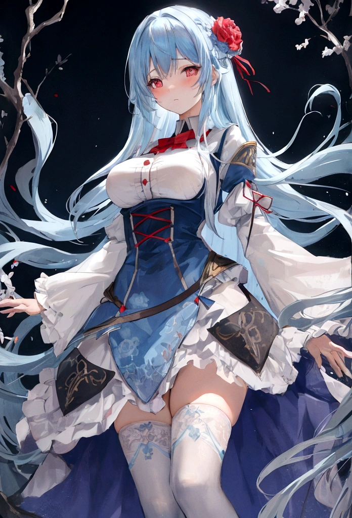 Light blue hair, very long hair, red eyes, big breasts, solo, blush, adult chiffon dress, blue floral pattern stockings, stripped sleeves, wide sleeves, standing pose (View below)
