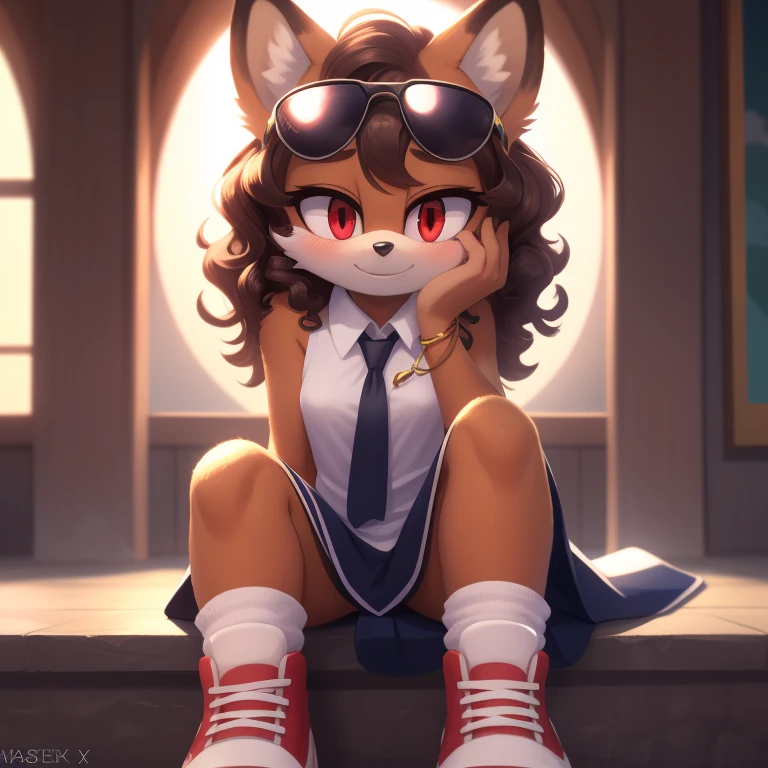 mobian, solo, hedgehog, two-tone fur ((orange fur, brown fur)), tie front split dress, high-top sneakers, small breasts, two-tone hair (brown hair, black tip)), curly hair, halo, sunglasses, jewelry, red eyes, longeyelashes, red eyes, smile, shy, blush, pose, high detail, masterpiece, UHD, anatomically correct, super detail, highres, 4K