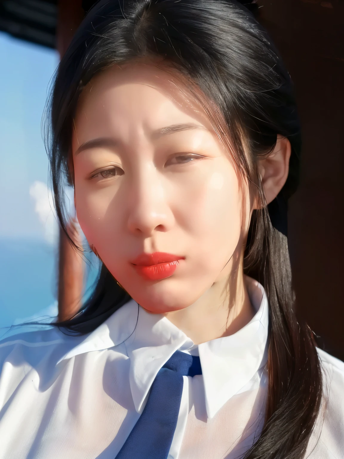 Wearing a white shirt，Big breasts, Chinese woman,, an asian woman,25-year-old female, Black hair，Background with blue sky and white clouds