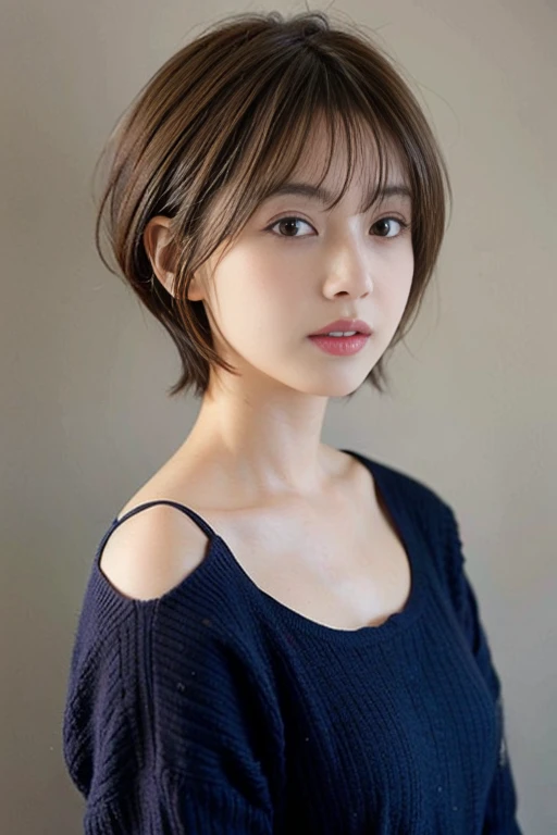 Woman in her early 30s、dark brown hair、Short hair、simple background
