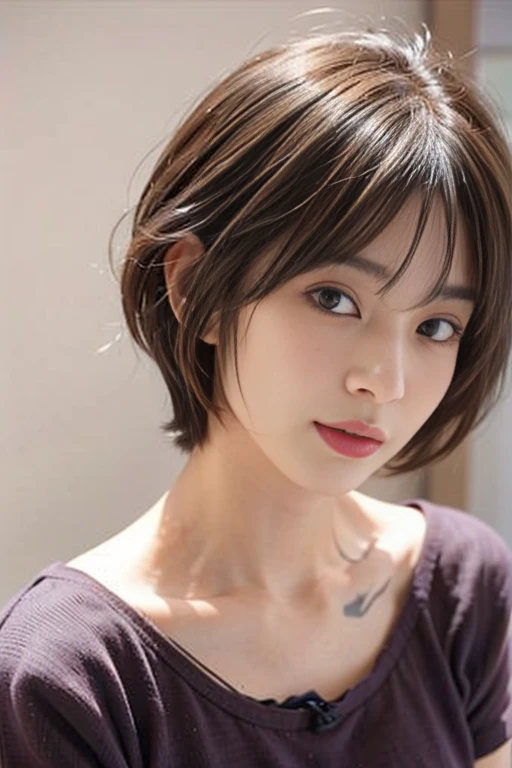 Woman in her early 30s、dark brown hair、Short hair、simple background