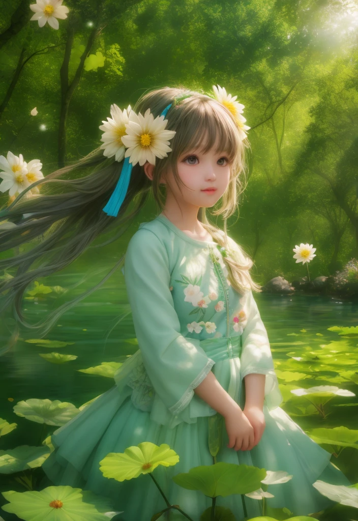 girl in a forest with floating flowers, river, puffy, puffy cheeks, cute,
vibrant colors, colorful art style, 
soft lighting, soft shadows, detailed textures, dynamic lighting,  
nice hands, perfect hands, 
bigLeaf