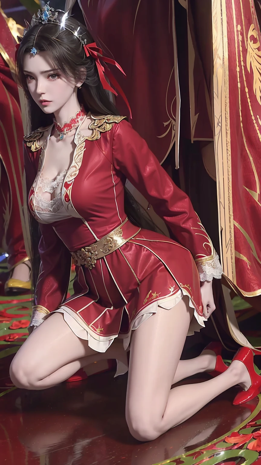 best quality,masterpiece,The Ultimate Solution,Fluffy,Extremely colorful,Mature beautiful woman,(Dress school uniform),Lace skirt,(Beautiful woman beheaded),Normal posture,(Kneeling),Kneeling on the bed,shackles,Beheading,collar,Red dress ,Red high heels,Normal posture