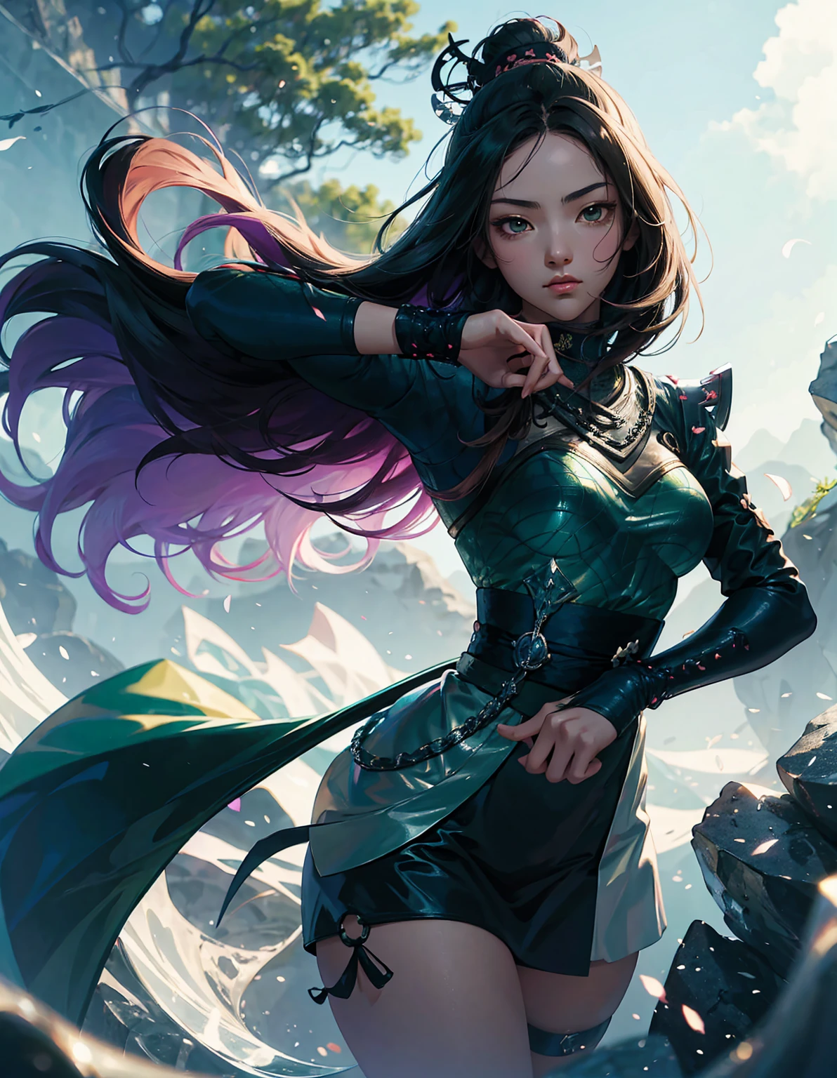 A young samurai girl with dark hair in green , sword raised high, in the style of anime with a fantasy forest background. The art has an anime style, composition, and aesthetics with an ultra detailed illustration. It is a high resolution image with high quality and details. The shading and line work are perfect, as is the natural lighting. The piece is a masterpiece. --ar 3:4 --niji 6