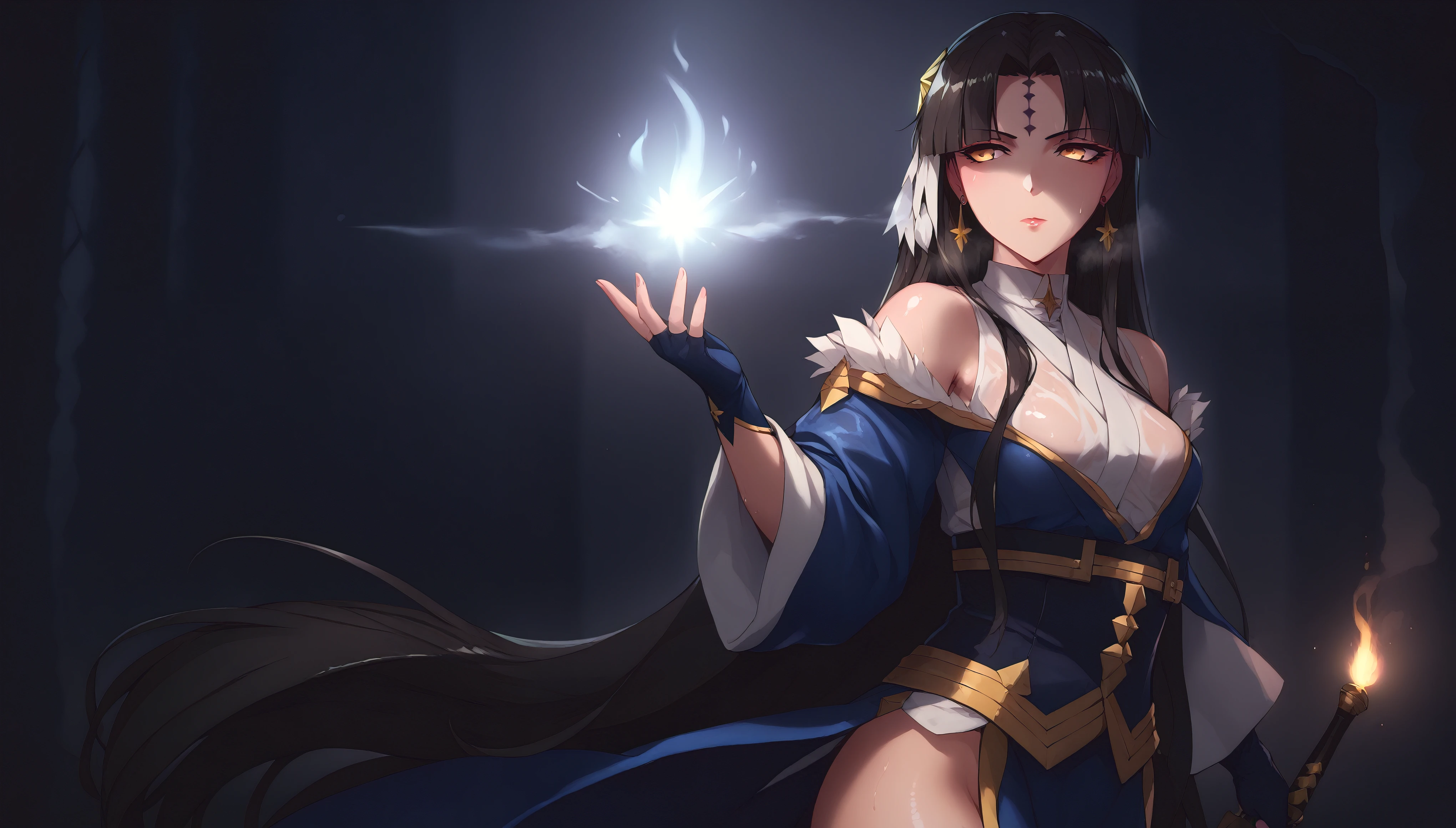score_9, score_8_up, score_7_up, score_6_up, uncensored, Michiko_Tanaka, absurdly long hair, golden eyes, black hair, very long hair, parted bangs, forehead mark, lips, shiny skin, sweating, wet, wet hair, steaming body, heavy breathing, (small breasts:1.3), BREAK (masterpiece:1.2), best quality, high resolution, unity 8k wallpaper, (illustration:0.8), (detailed eyes:1.3), perfect lighting, extremely detailed CG, (perfect hands, perfect anatomy), 1girl, gloves, bare_shoulders, magic, fingerless_gloves, dress, fire, earrings, wide_sleeves, forest,