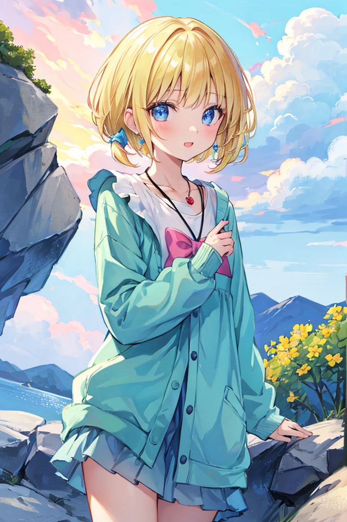 Absurd, Ultra-detailed,Bright colors, Very beautiful and detailed anime faces and eyes, View from the front, ;D, Shiny_skin,Age 25, short hair, , Blunt bangs, Blonde hair in short pigtails, Shiny髪, Delicate beautiful face, blush、blue eyes, White skin, Barrette, Earrings, necklace, cardigan, Clothes, 茶色のClothes, Beautiful Clouds, Dusk sky,