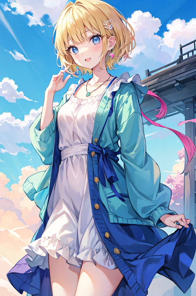Absurd, Ultra-detailed,Bright colors, Very beautiful and detailed anime faces and eyes, View from the front, ;D, Shiny_skin,Age 25, short hair, , Blunt bangs, Blonde hair in short pigtails, Shiny髪, Delicate beautiful face, blush、blue eyes, White skin, Barrette, Earrings, necklace, cardigan, Clothes, 茶色のClothes, Beautiful Clouds, Dusk sky,