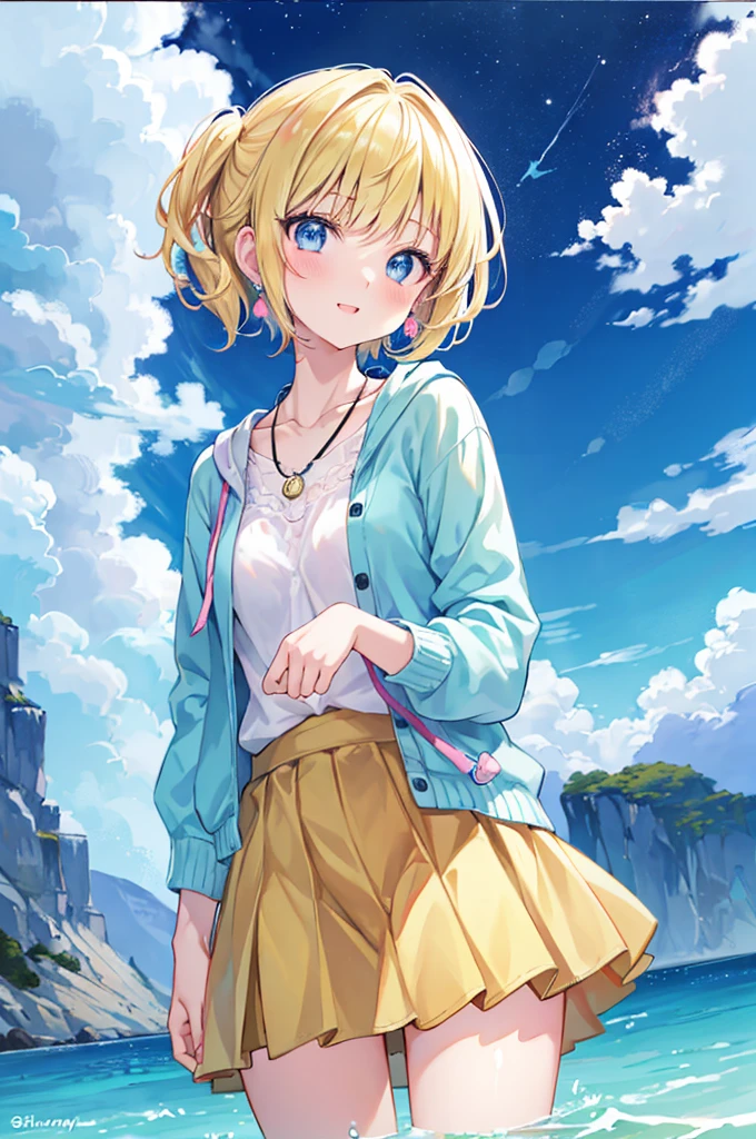 Absurd, Ultra-detailed,Bright colors, Very beautiful and detailed anime faces and eyes, View from the front, ;D, Shiny_skin,Age 25, short hair, , Blunt bangs, Blonde hair in short pigtails, Shiny髪, Delicate beautiful face, blush、blue eyes, White skin, Barrette, Earrings, necklace, cardigan, Clothes, 茶色のClothes, Beautiful Clouds, Dusk sky,