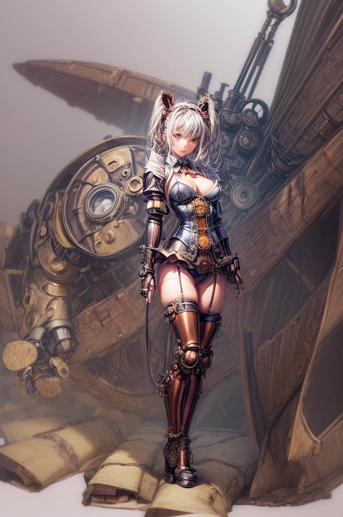 ((best image quality, highest quality, Masterpiece, High resolution: 1.4)), Japan anime-style steampunk illustration, official art, (From the fingertips to both arms are steampunk-style mechanical prosthetic hands:1.5), (Mechanical prosthetic leg with steampunk-style legs:1.4), Steampunk style bunny headband, Steampunk-style bunny suit with emphasis on the crotch and lightly emphasized chest fabric, Gigantic breasts in good shape,