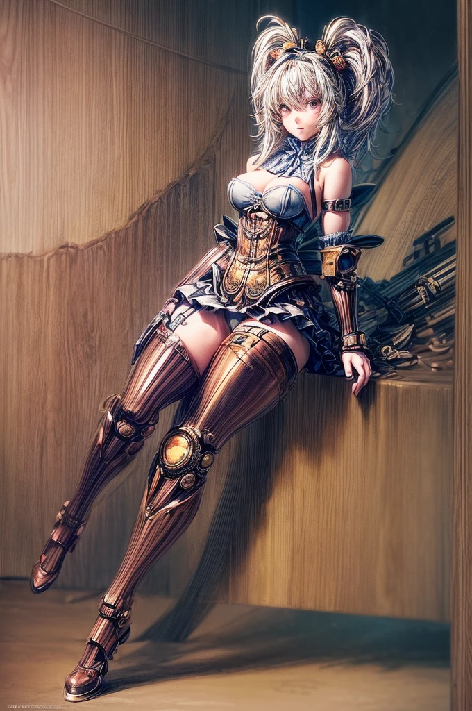 ((best image quality, highest quality, Masterpiece, High resolution: 1.4)), Japan anime-style steampunk illustration, official art, (From the fingertips to both arms are steampunk-style mechanical prosthetic hands:1.5), (Mechanical prosthetic leg with steampunk-style legs:1.4), Steampunk style bunny headband, Steampunk-style bunny suit with emphasis on the crotch and lightly emphasized chest fabric, Gigantic breasts in good shape, 