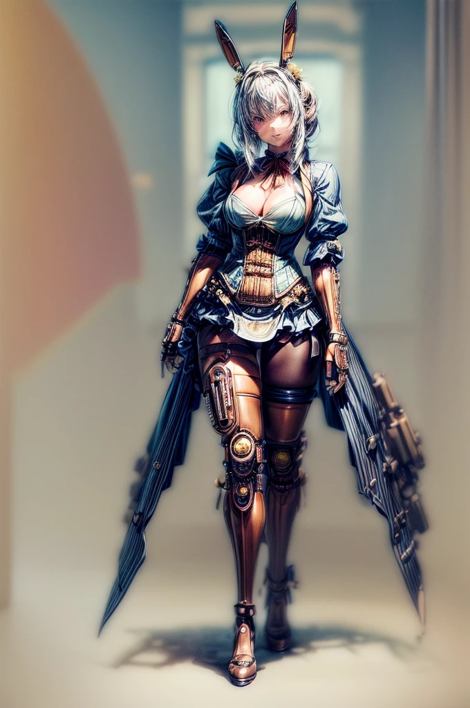 ((best image quality, highest quality, Masterpiece, High resolution: 1.4)), Japan anime-style steampunk illustration, official art, (From the fingertips to both arms are steampunk-style mechanical prosthetic hands:1.5), (Mechanical prosthetic leg with steampunk-style legs:1.4), Steampunk style bunny headband, Steampunk-style bunny suit with emphasis on the crotch and lightly emphasized chest fabric, Gigantic breasts in good shape, 
