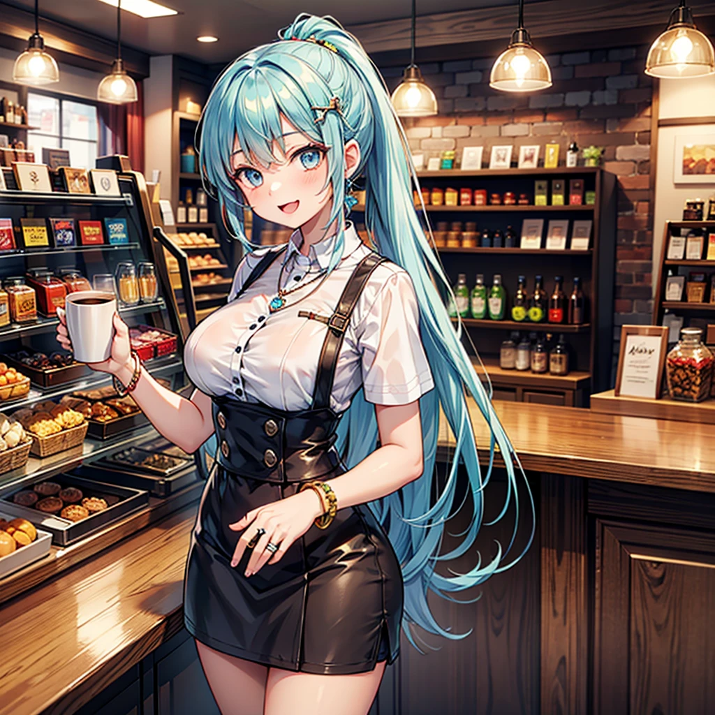 Anime Moe Art Style,Highest quality,High resolution,Anatomically correct,One Girl,-teerl with light blue hair in a ponytail,Very detailed,Fantasy World,Big Breasts,Shiny skin,Beautiful Skin,A rich expression,Laughing with your mouth open,coffee shop,Waitress uniform,Detailed drawn eyes,hair ornaments,necklace,bracelet,ring,8K