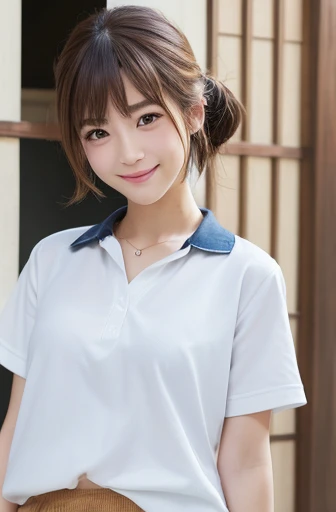 masterpiece:1.3), (8K, Realistic, RAW Photos, Best image quality: 1.4), Japanese schoolgirl、(Random Hairstyles:1.2)、Highly detailed face、Attention to detail、double eyelid、Chest to chest、Sharp focus:1.2、Beautiful woman:1.4、Light brown hair、Highest quality、masterpiece、Ultra-high resolution、(Realistic:1.4)、非常に詳細でプロフェッショナルに照らされたsmile、Loose、Summer clothes、thin、smile、Short-haired、Deadly position